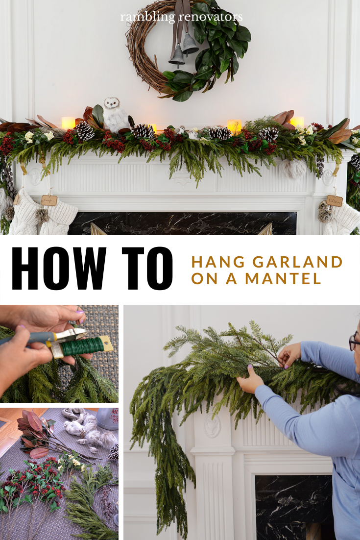 how to hang garland on mantle, how to hang garland on mantel, hang christmas garland, garland on fireplace mantel