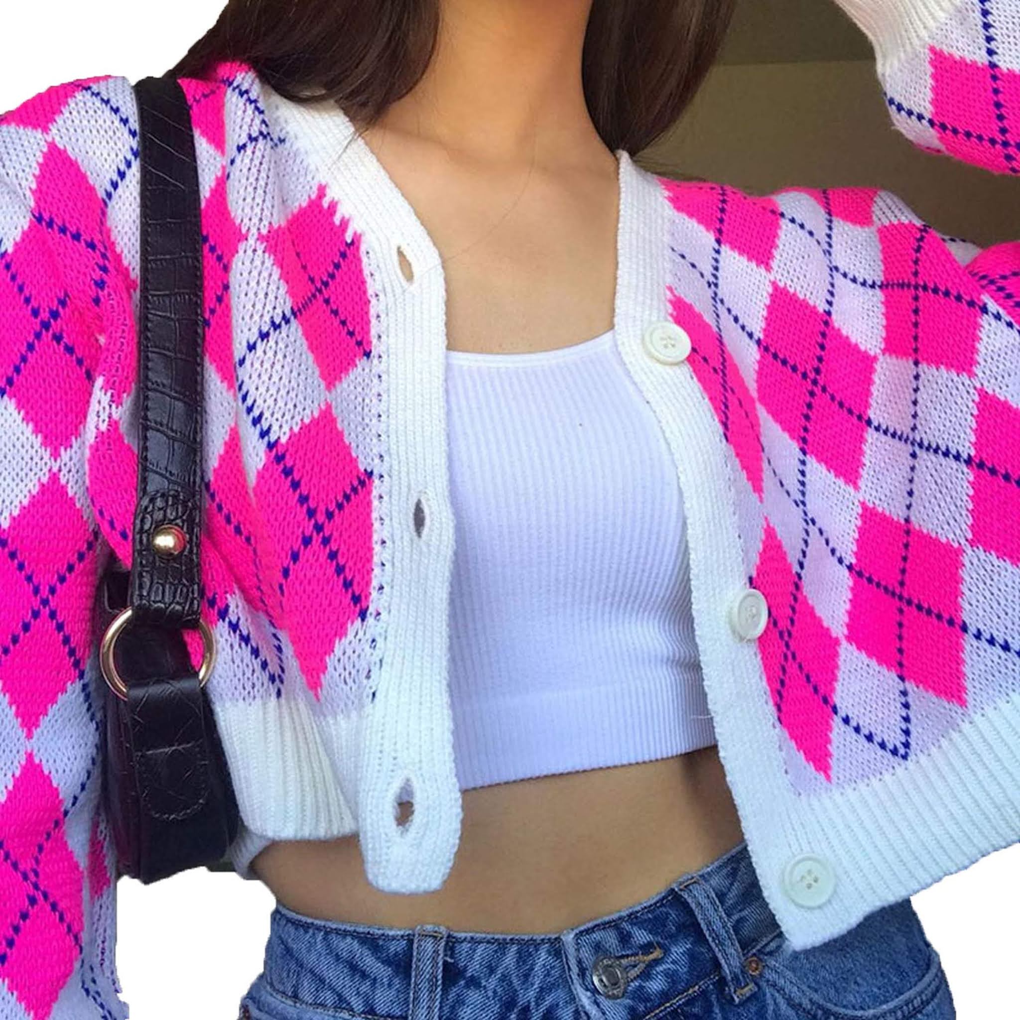 Plaid Knitted Cropped Cardigan Sweater Women Sweet Clothes V Neck Long Sleeve Y2K Autumn Knitwear