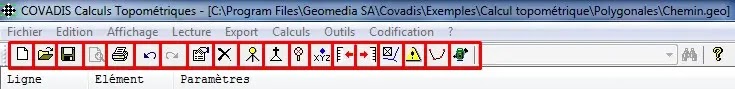éditeur de GéoBases, menu, Cov. Calculs, barre de menu, Géobase, élémstation, référence, mesure, point, commentaire, code des points, topographiques, calculs topométriques