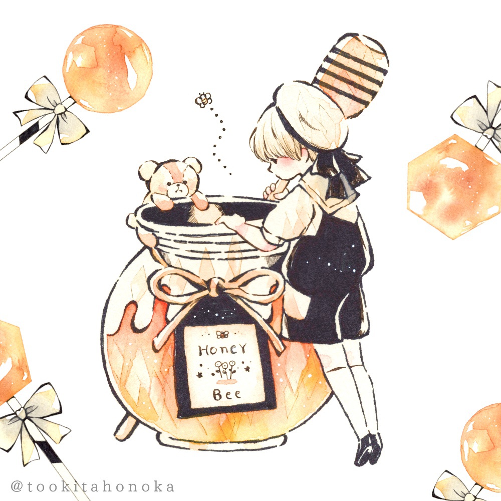 男の子とくまと蜂蜜の水彩アナログイラスト｜手描きのかわいい絵