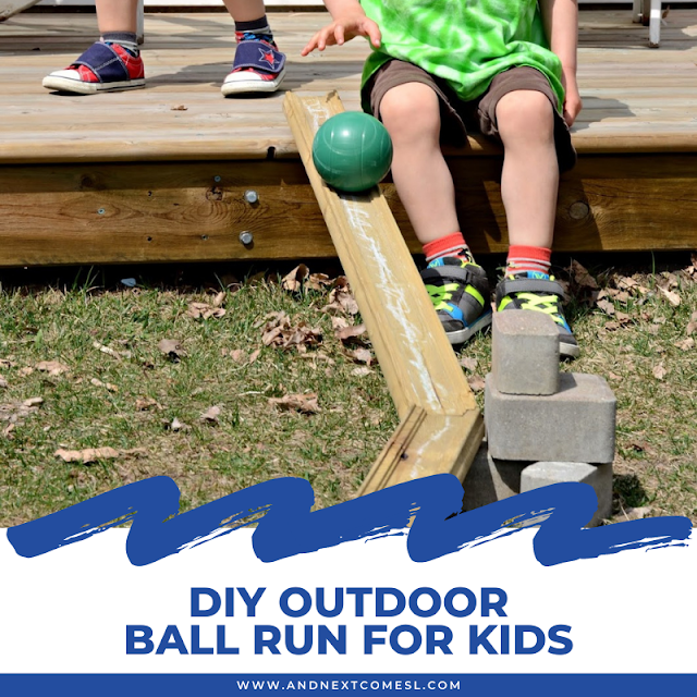 DIY ball run for kids using loose parts in the backyard
