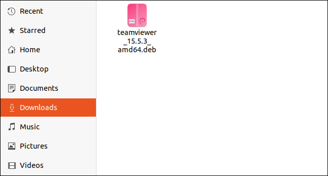 ملف حزمة TeamViewer DEB في مجلد "التنزيلات".