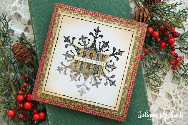 Joy Shaker Card by Juliana Michaels featuring Tim Holtz Sizzix Stunning Snowflake Thinlits and Alphanumeric Shadow Upper Thinlits