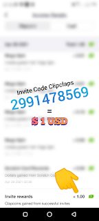 Invite Rewards $ 1 USD Refferal Code Clipclaps new User
