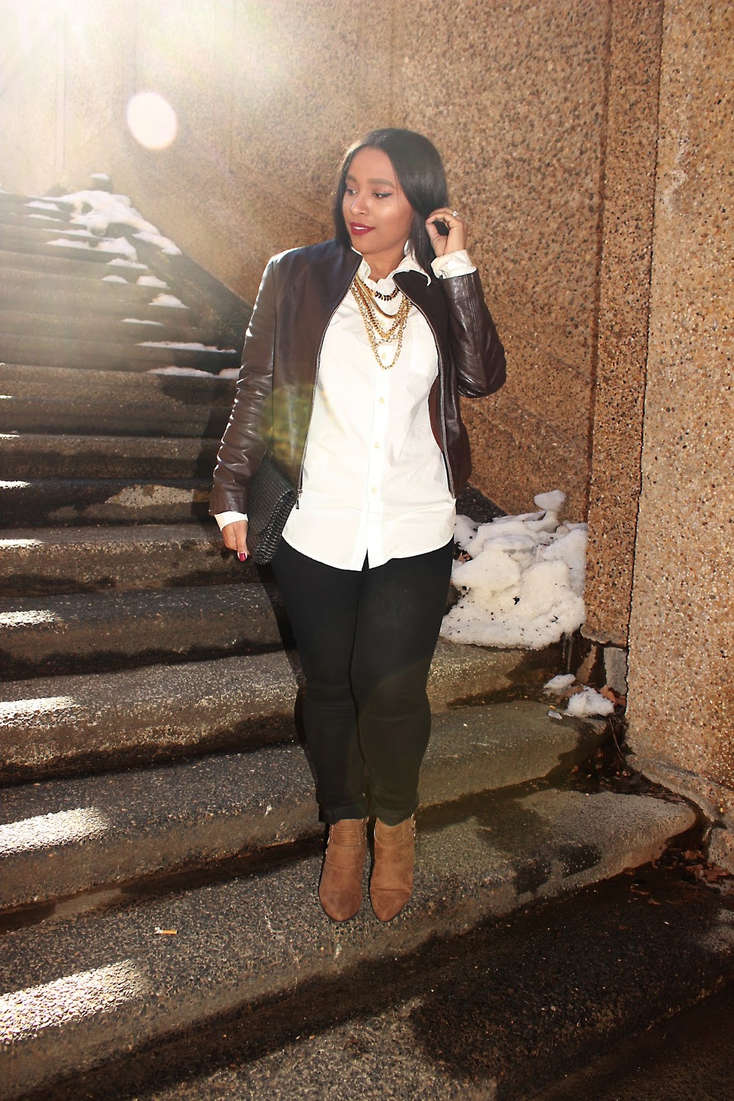 faux leather, jacket, brown jacket, white button down, shoedazzle, booties, wearing black and brown, fashion, outfits