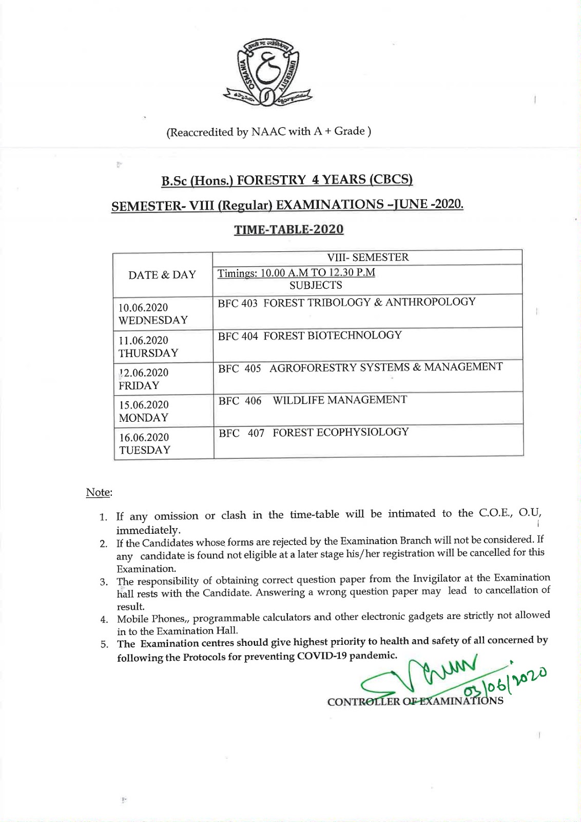 osmania university bsc hons forestry 4 years 8th sem reg cbcs june 2020 exam time table