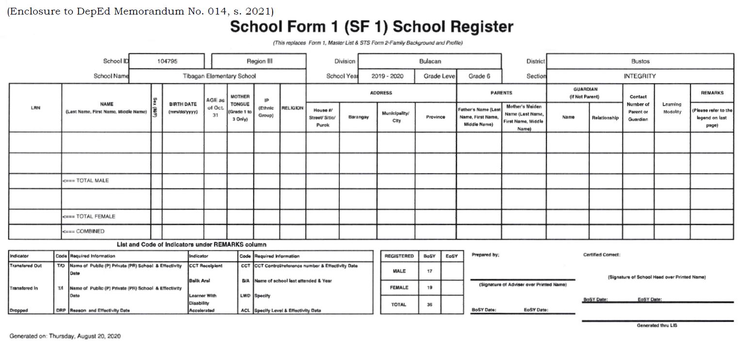 DepEd School Form 1 (SF1) in the time of COVID-19 (SY 2020-2021 ...