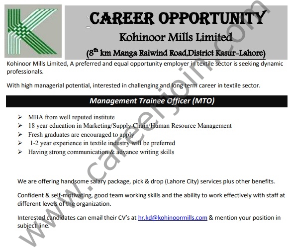 Kohinoor Mills Limited Latest Jobs 2021 in Pakistan - Apply via hr.kd@kohinoormills.com - Kohinoor Mills Limited Jobs 2021 For Marketing Officer and Management Trainee Officer Kohinoor Mills Limited Latest Jobs 2021 in Pakistan - Apply via hr.kd@kohinoormills.com - Kohinoor Mills Limited Jobs 2021 For Marketing Officer and Management Trainee Officer
