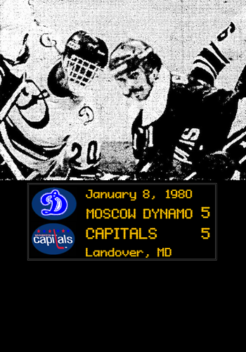 Russian goalie Vladimir Myshkin and Capitals winger Mike Gartner put their heads together, as Moscow Dynamo and the Caps battle to a draw. (Book Pg. 179)