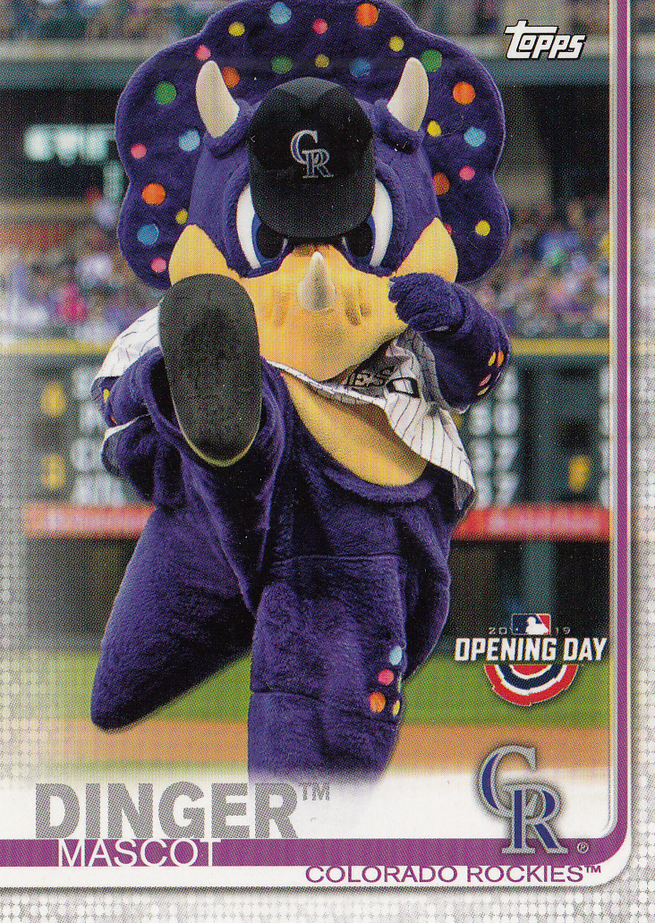 Colorado Rockies mascot dinger the dinosaur in the first inning of