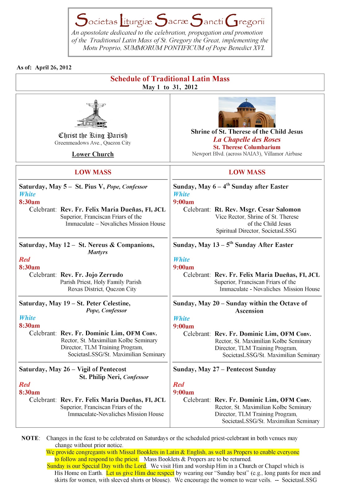 The Pinoy Catholic Schedule of Traditional Latin Masses