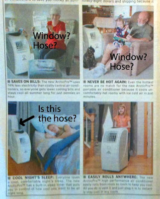 Close up of the photos in the ad, showing elderly people in easy chairs with no windows visible, a child rolling one of the units, and a woman sleeping with blankets next to a unit near a window