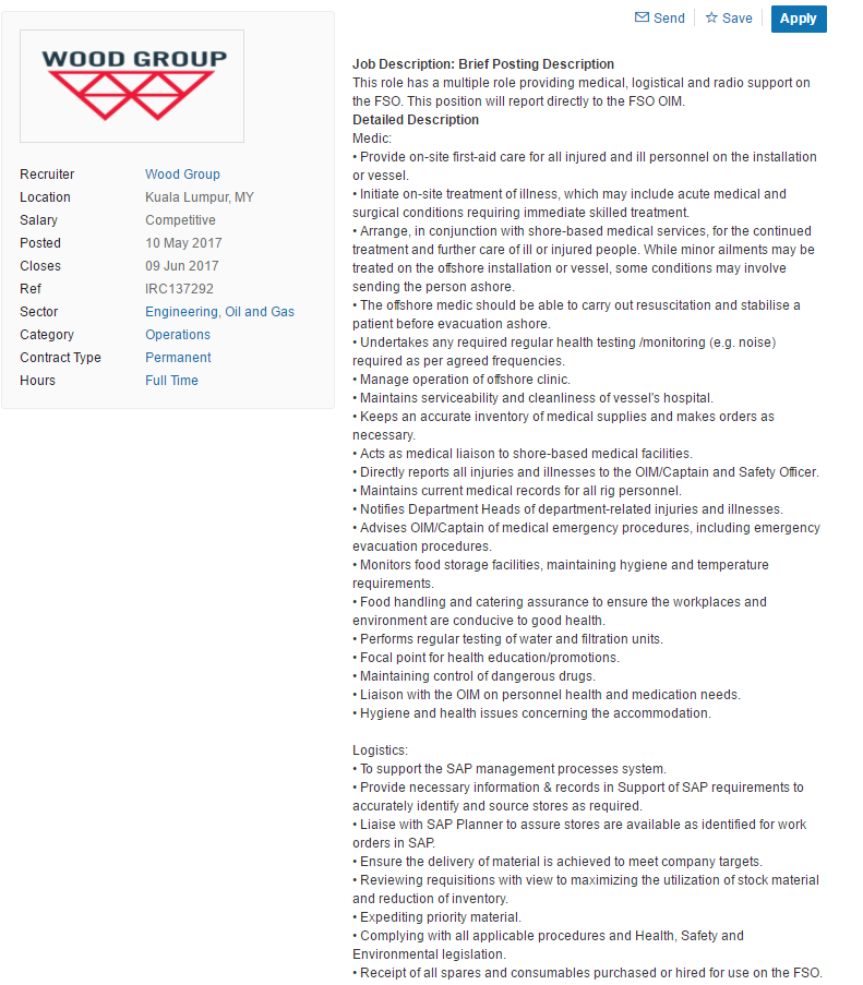 Oil Gas Vacancies Medic Logistics Radio Offshore Wood Group Malaysia