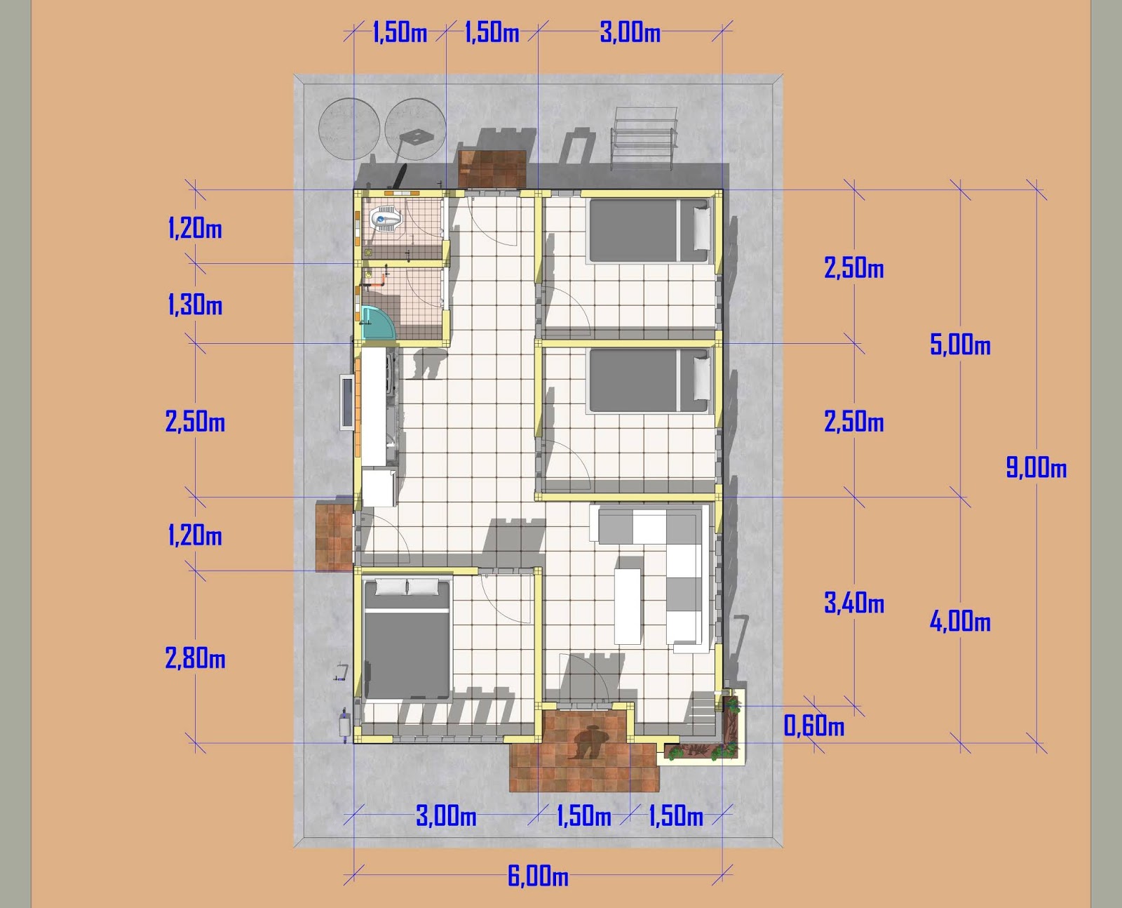 Desain Rumah 6x9 Meter 3 Kamar Tidur Atap Limas