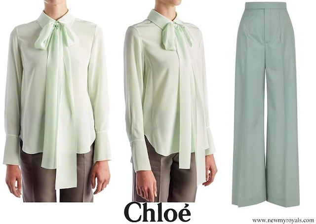 Queen Rania wore Chloe Green Tie Neck Blouse and Chloe Wide Leg Wool Trousers