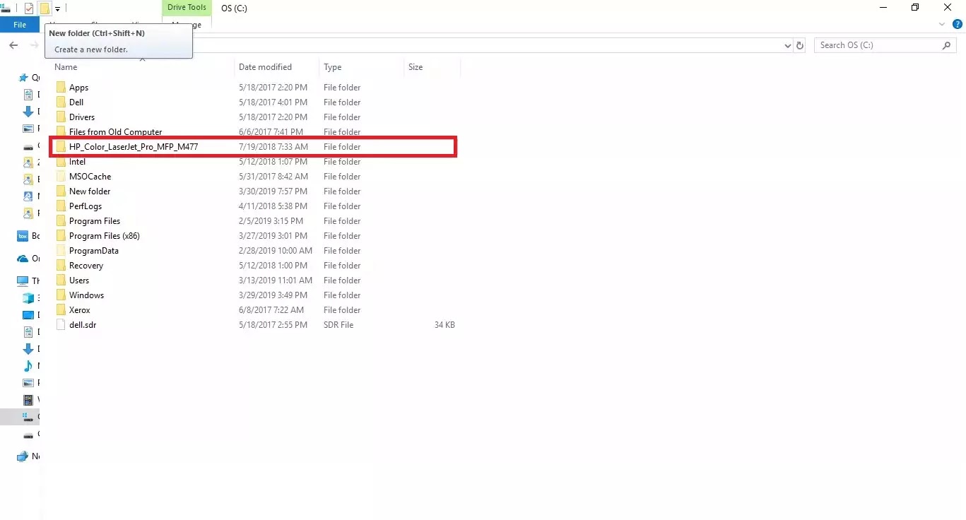Windows File Explore, create new folder in C: directory