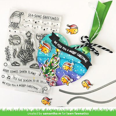 We Fish You a Merry Christmas Tag by Samantha Mann for Lawn Fawnatics, 25 Days of Christmas Tags, Lawn Fawn, Under the Sea, Distress Inks, Ink Blending, Die Cuts, Embossing Paste, #lawnfawn #25daysofchristmastags #tag #christmas #lawnfawnatics #underthesea #diecuts