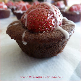 Strawberry Topped Brownie Bites, an elegant dessert for any occasion. Dense, chocolatey individual desserts topped with a fresh strawberry and a glaze. | Recipe developed by www.BakingInATornado.com | #dessert #chocolate #strawberry