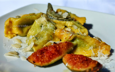 ravioli alle biete e ricotta con fichi glassati