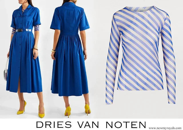 Queen Rania wore a cotton midi shirt dress and striped top by Dries Van Noten