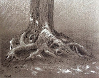 Charcoal drawing on toned paper created by a participant during an art workshop