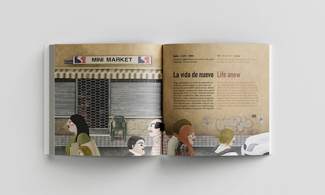 Ilustración editorial con escena de calle de Líbano para 'Los mayores cuentan'