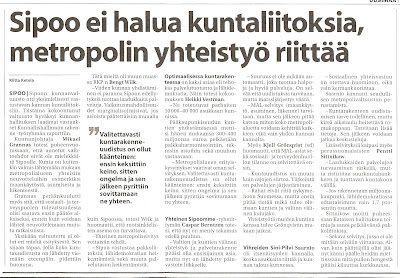 Sipoo ei halua kuntaliitokisa, metropolin yhteisty riittää