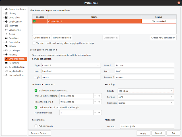 Mixxx live broadcasting preferences icecast2