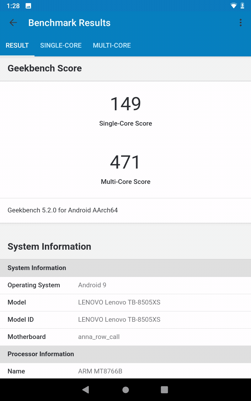 Lenovo Smart Tab M8 Geekbench scores