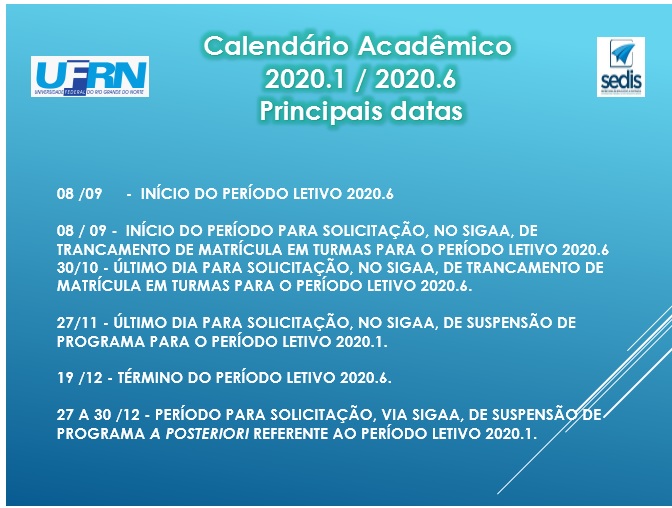 Datas importantes do calendário acadêmico da UFRN