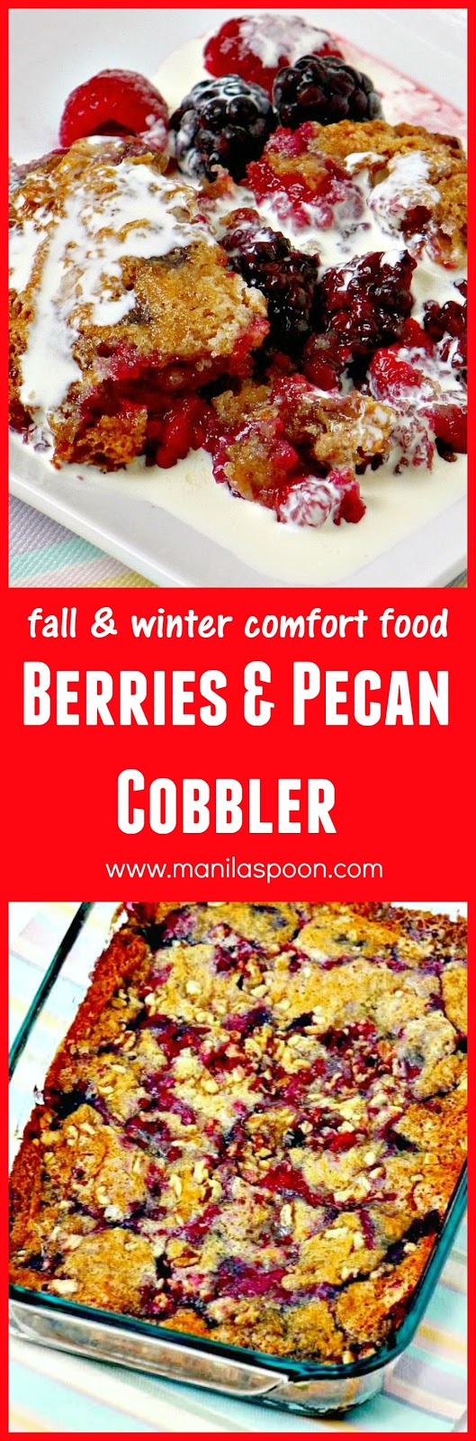 I have brought this dessert to gatherings with family and friends and it's always a big winner! Fruity deliciousness to warm your heart and your tummy this fall and winter - Mixed Berries and Pecan Cobbler