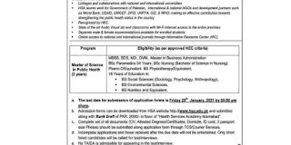 Government of Pakistan Health Services Academy Islamabad Admissions 2021 in M.S.P.H.