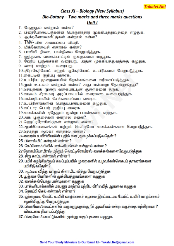 11th Standard Bio Botany Unit wise Important Questions Mr. P. Ravi T/M Tnkalvi