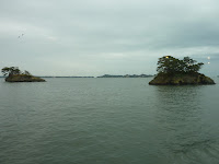 Matsushima pine islands on a cloudy day from cruise boat
