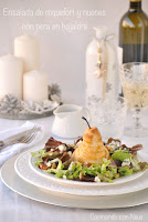 Ensalada de brotes con queso roquefort y pera en hojaldre 