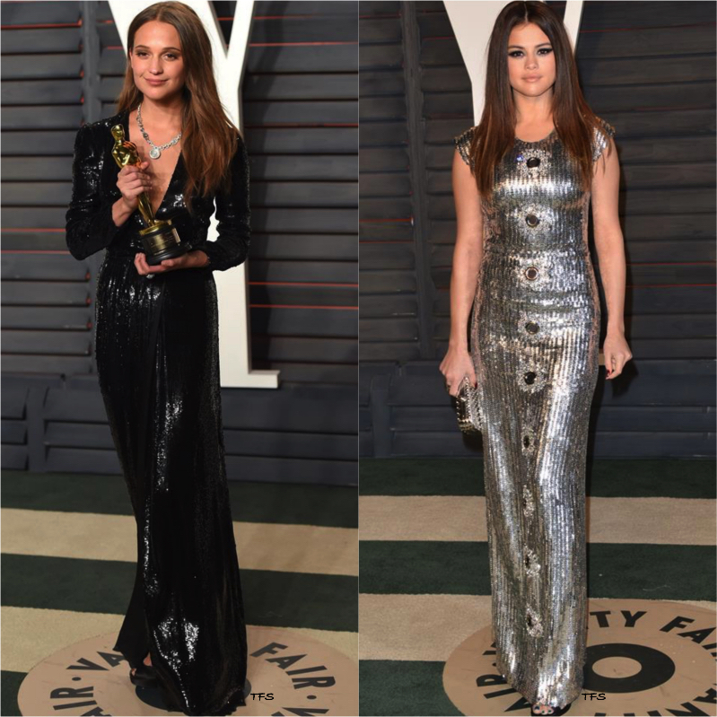 cylinder Trickle Plaske Alicia Vikander & Selena Gomez in Louis Vuitton at the 2016 Vanity Fair  Oscar Party