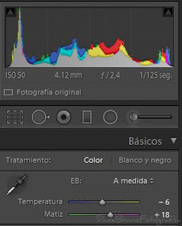 Histograma antes de usar balance de blancos con una carta de grises