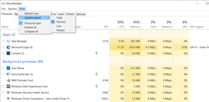 Cambiar la velocidad de actualización de datos del Administrador de tareas en Windows 10