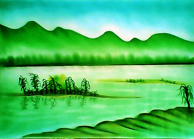 Cara menggambar pantai suasana pagi nan hijau dengan deretan pegunungan