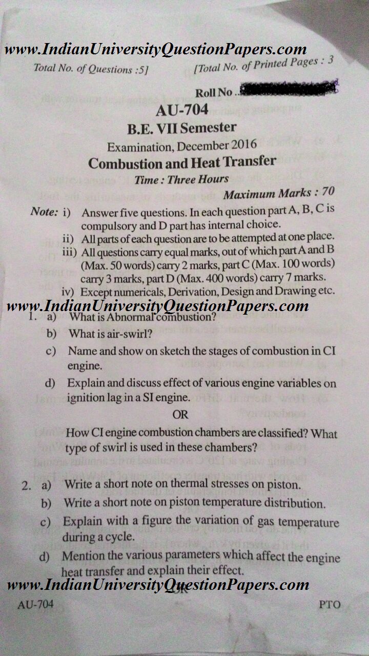 RGPV AU704 Combustion and Heat Transfer Dec 2016 Question Paper