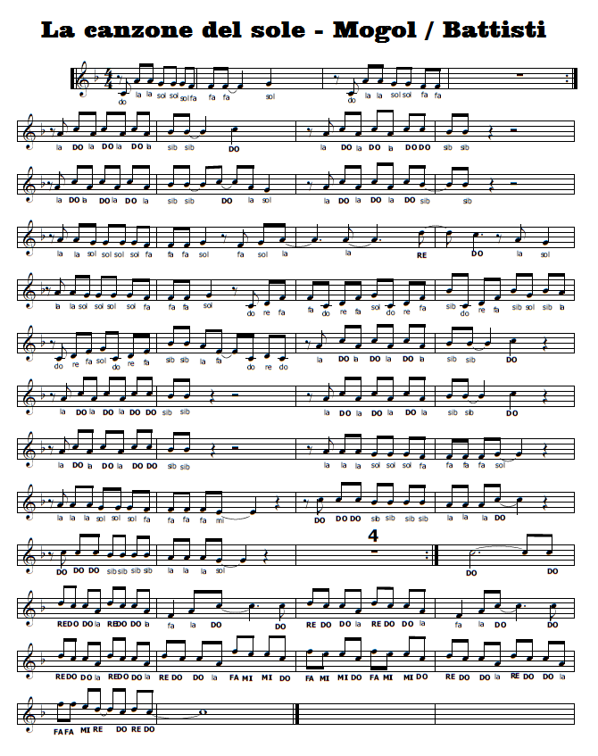 Musica e spartiti gratis per flauto dolce: BATTISTI La canzone del sole