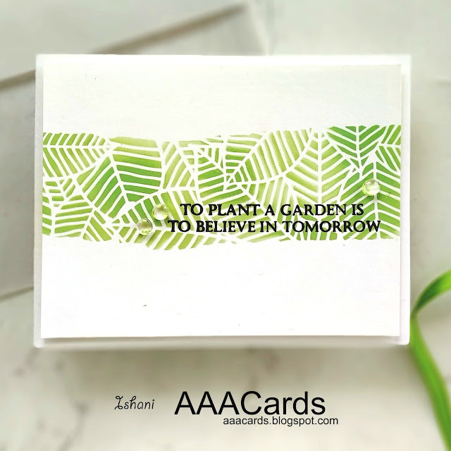 AAA Cards, Funky Fossil Designs, Foliage stencil, stenciling, stencil card, Stretch your stencils, CAS card, Quillish, Clean and simple card, leaf stencil
