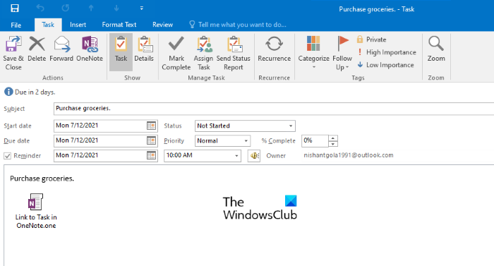 crear tareas personalizadas de Outlook en OneNote