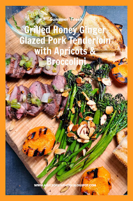 Grilled Honey Ginger Glazed Pork Tenderloin with Apricots & Broccolini:  Juicy pork tenderloin is spiced just right and then glazed with a ginger honey scallion sauce and served with grilled apricots and broccolini with toasted almonds. - Slice of Southern