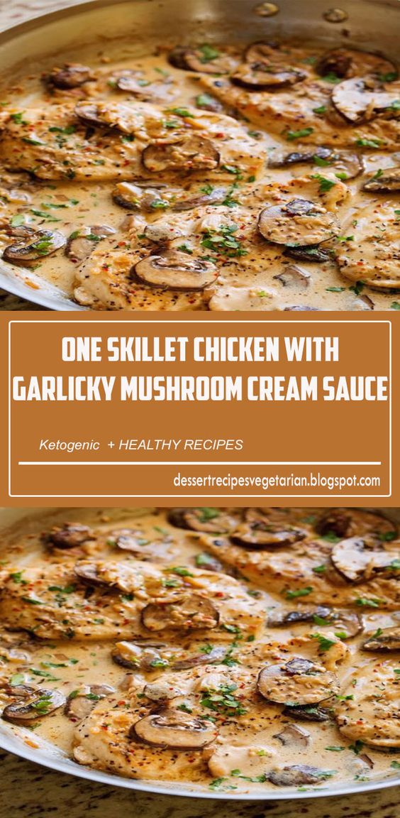 One Skillet Chicken with Garlicky Mushroom Cream Sauce - ready in 30 minutes and perfect over a bed of pasta! #oneskilletchicken #chickendinner #mushroomchicken 