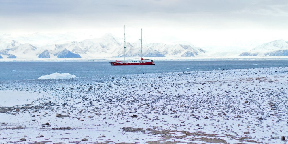Arctic Northwest Passage 120 Foot Sailing Vessel Infinity Waiting Sea Ice In Cambridge Bay For Nw Passage East Transit