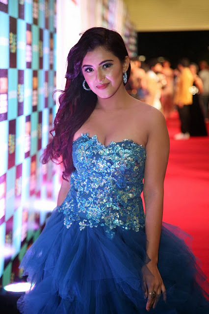 Malvika Sharma Looking In Blue Off-Shoulder Gown at SIIMA 2019