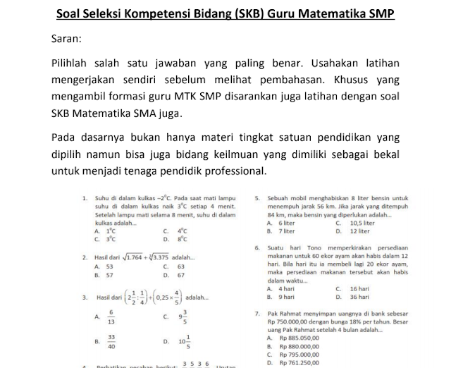 Materi Soal SKB Guru Matematika SMP CPNS 2020 (Seleksi Kompetensi Bidang)