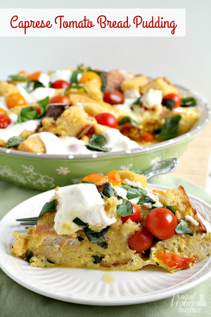This creamy & savory Caprese Tomato Bread Pudding is a delicious & easy way to enjoy the fresh flavors of the summer season.
