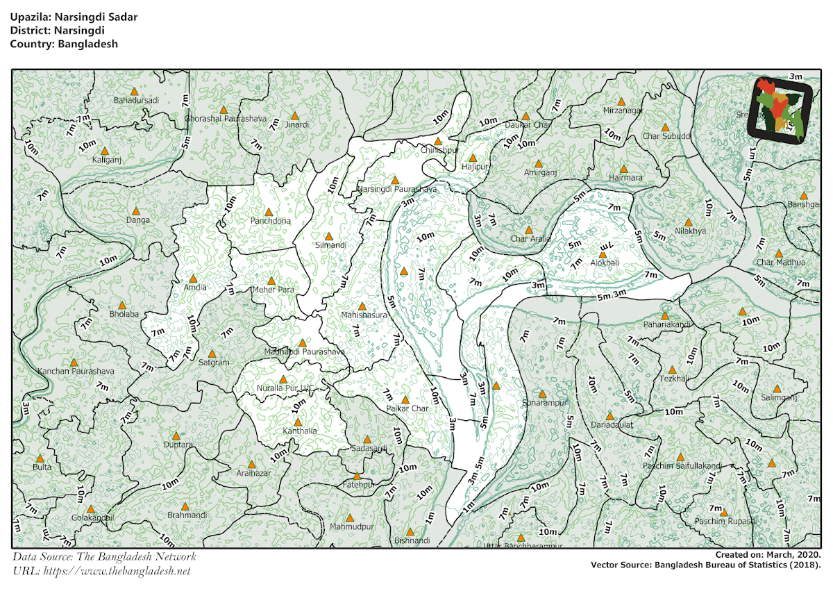 Narsingdi Sadar Upazila Elevation Map Narsingdi District Bangladesh